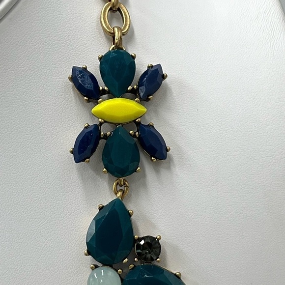 J. Crew Crystal Floral Teal Indigo Yellow Multi-Color Statement Bib Necklace - Picture 5 of 15